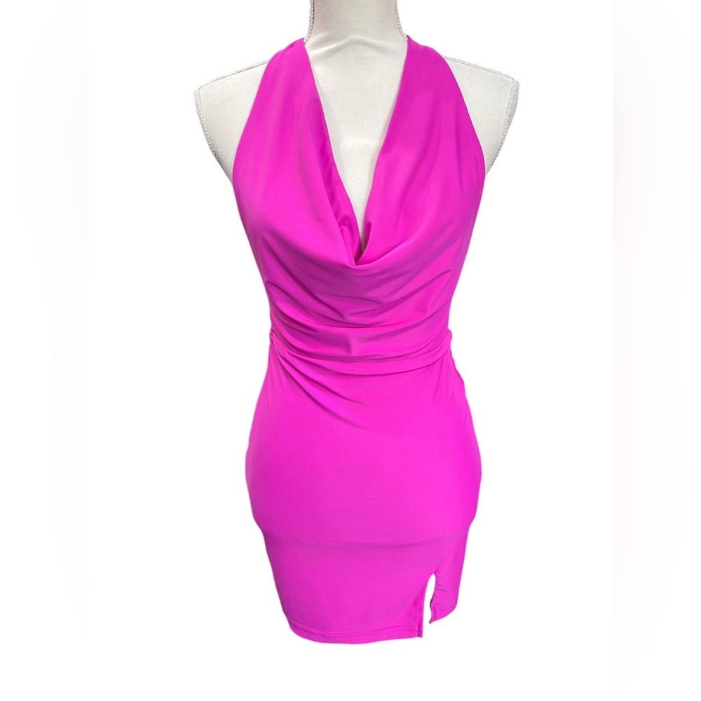 Superdown Revolve Hot Pink Halter Cowl Neck Open Back Bodycon Mini Dress S - Picture 2 of 7